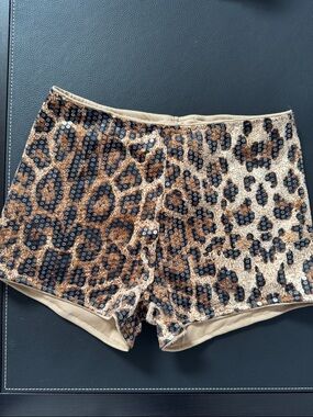MUSERA | Women’s Sequin Leopard Mini Shorts in Tan and Black | Size M